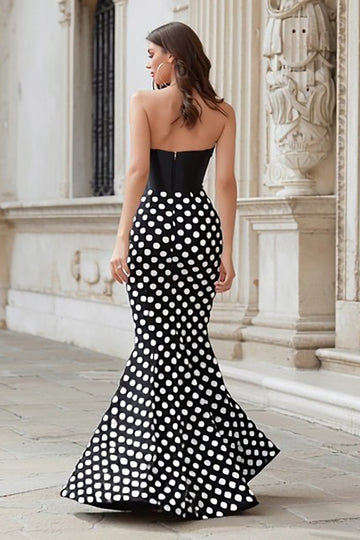 Black White Dot Mermaid Strapless Prom Dress